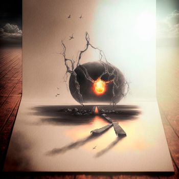 Staircase to the yellow moon. beautiful 3d sketch with colored elements. The drawing goes off the paper. High quality illustration