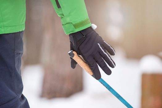 Nordic walking. Healthy lifestyle, outdoor sports in winter. A man's hand squeezes the handle of a cane for Nordic walking. Attach a stick to your hand.