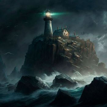 Lighthouse on a rock in stormy weather. High quality illustration