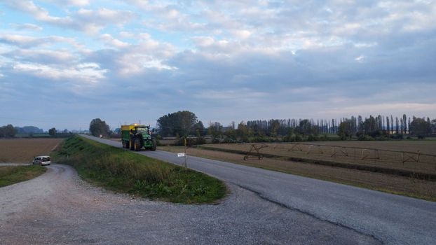 Stagno Lombardo, Italy - November 2022 drone view of rural area near river Po at dusk