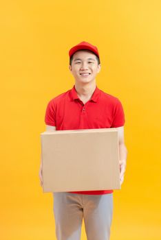 delivery man with box isolated over color