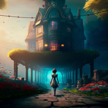 A girl on the background of a mysterious house. High quality illustration