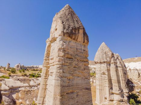 Unique geological formations in Love Valley in Cappadocia, popular travel destination in Turkey.