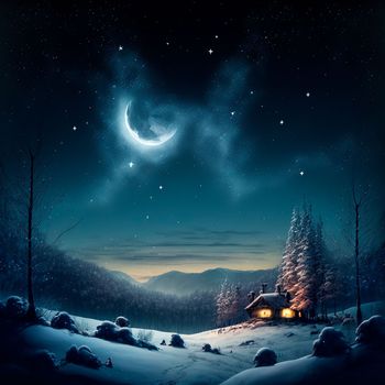 Illustration of a house in a night forest among tall trees in the moonlight. High quality illustration