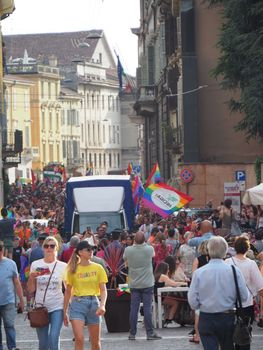 Cremona Pride, a rainbow city. The streets crowded with people celebrating on the day dedicated to claiming the rights of the LGBTQIA community.