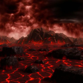 Red mountains, flashes and cracks on the surface. Gloomy sky. Magma and lava spread over the mountains. Lava world collection. High quality illustration