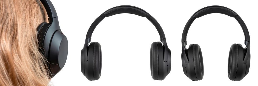 Headphones isolate on white. Wireless headphones in black, high quality, isolated on a white background, for advertising or product catalog. Set of headphones from different angles.