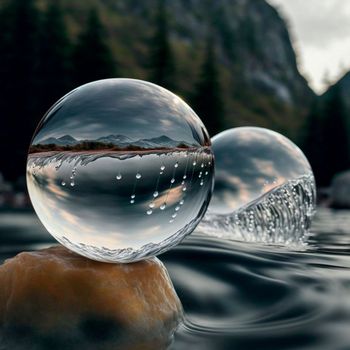 Transparent water spheres against a stunning backdrop of mountains and water. Reflection of the landscape and elements inside the spheres. High quality illustration