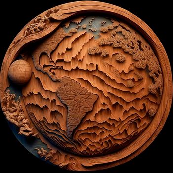 Planet Earth with reservoirs and continents carved out of wood. High quality illustration