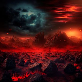 Red mountains, flashes and cracks on the surface. Gloomy sky. Magma and lava spread over the mountains. Lava world collection. High quality illustration