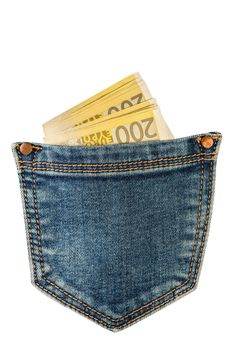 Money in the back pocket of jeans, isolated on white background. A stack of 200 euro bills in a jeans pocket. . The concept of investment, cash, wealth and profit.
