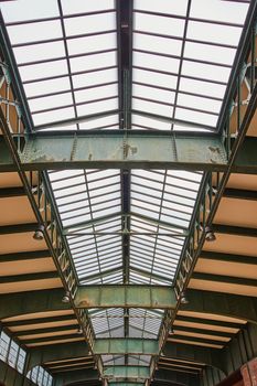 Image of Detail of interior steel ceiling inside American abandoned train station