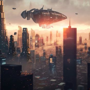 Steampunk airship flies over a modern city. High quality illustration