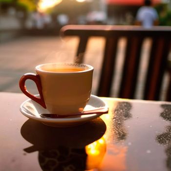 A mug of hot tea in the morning in a cafe. High quality photo