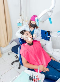 Dentist in his office examining female patient's mouth. Female dentist examining mouth to teen girl lying on chair, Female dentist with probe and dental mirror examining young female mouth