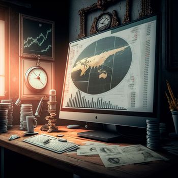 computer and screens with graphs in the office in retro style, graph analysis and world map. High quality illustration