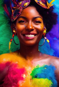 Splendid digital art generative AI portrait of beautiful young girl smiling covered in colorful dust from the Holi festival. Portrait of ebony Brazilian with vivid and vibrant color splashing.