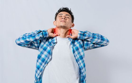 People with shoulder and neck problems, Person in pain rubbing his neck isolated, Concept of people with stress and neck pain problems. Tired guy with neck pain isolated