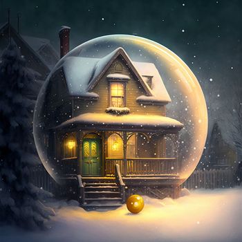 a small house with glowing windows in a glass ball, a New Year's exposition, a toy. High quality illustration