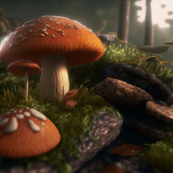 mushrooms in the forest under the sunlight. High quality illustration