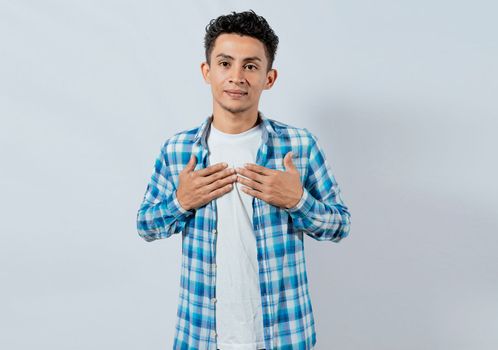 Person gesturing the word HAPPINESS in sign language, Interpreter man gesturing the word HAPPINESS in sign language. Young man gesturing THANKFUL in sign language