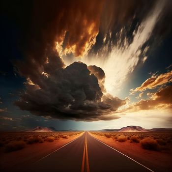 Stunningly beautiful view of the road and the sky, the road going to the sky. Symbolism of the life path. High quality illustration