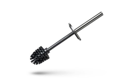 Black toilet brush isolated on white. Close-up of a toilet cleaning brush with metal elements to insert into a project or design. Metal brush for the toilet on a white background