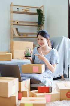 Starting small business entrepreneur of independent young Asian woman online seller using a computer showing products to a customer before making a purchase decision. SME delivery concept.