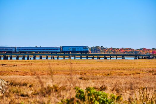 Image of Detail of Amtrak train driving across water bridge in marshes during fall