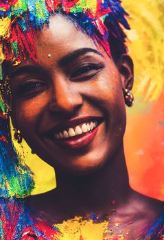 Splendid digital art generative AI portrait of beautiful young girl smiling covered in colorful dust from the Holi festival. Portrait of ebony Brazilian with vivid and vibrant color splashing.