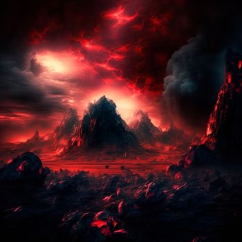 Red mountains, flashes and cracks on the surface. Gloomy sky. Magma and lava spread over the mountains. Lava world collection. High quality illustration