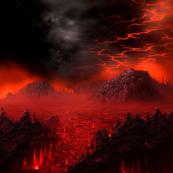 Red mountains, flashes and cracks on the surface. Gloomy sky. Magma and lava spread over the mountains. Lava world collection. High quality illustration