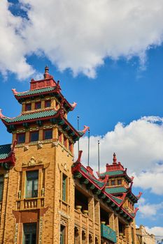 Image of Chinatown tops of Asian style architecture exterior buildings in Chicago