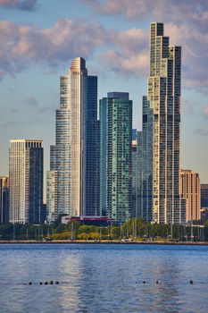 Image of Lake view of group of large skyscrapers in Chicago downtown
