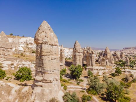 Unique geological formations in Love Valley in Cappadocia, popular travel destination in Turkey.