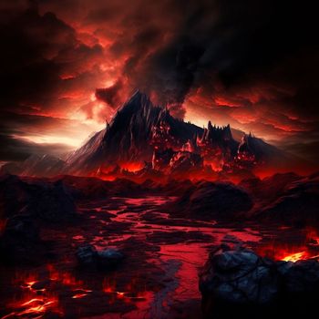 Red mountains, flashes and cracks on the surface. Gloomy sky. Magma and lava spread over the mountains. Lava world collection. High quality illustration