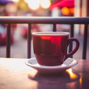 A mug of hot tea in the morning in a cafe. High quality photo