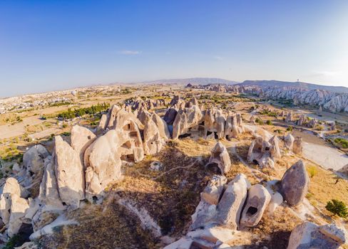 Beautiful stunning view of the mountains of Cappadocia and cave houses. Turkey.