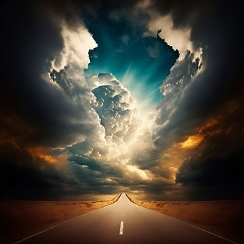 Stunningly beautiful view of the road and the sky, the road going to the sky. Symbolism of the life path. High quality illustration