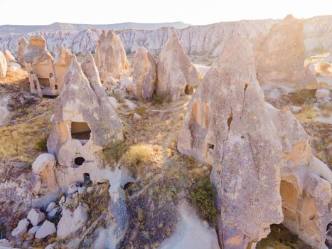 Beautiful stunning view of the mountains of Cappadocia and cave houses. Turkey.