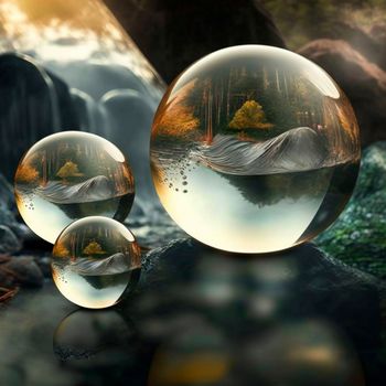 Transparent water spheres against a stunning backdrop of mountains and water. Reflection of the landscape and elements inside the spheres. High quality illustration