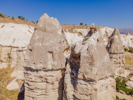 Unique geological formations in Love Valley in Cappadocia, popular travel destination in Turkey.