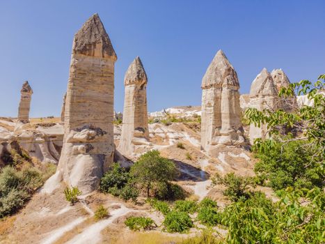 Unique geological formations in Love Valley in Cappadocia, popular travel destination in Turkey.