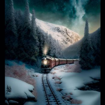 Winter train rides in snowy mountains. A beautiful winter fairy tale. High quality illustration