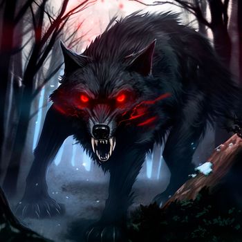 A big monster with red eyes in a mystical forest. High quality illustration