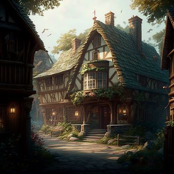 Cozy fairytale town in fantasy style. High quality illustration
