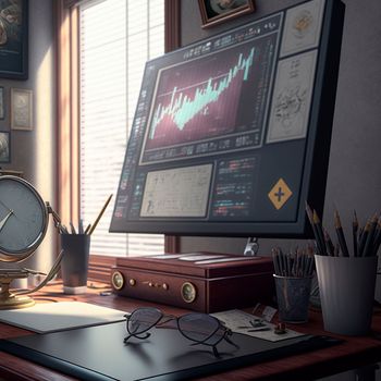 computer and screens with graphs in the office in retro style, graph analysis and world map. High quality illustration