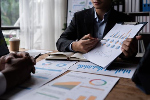 Business advisers are gathering to assess and debate the issue as it appears on the financial report. Financial counselor, investment consultant, and accounting concept.