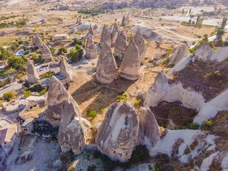 Beautiful stunning view of the mountains of Cappadocia and cave houses. Turkey.