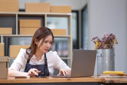 Young Asian business entrepreneur stress in online business, failure woman with working problem. SME entrepreneur and Online selling concept...